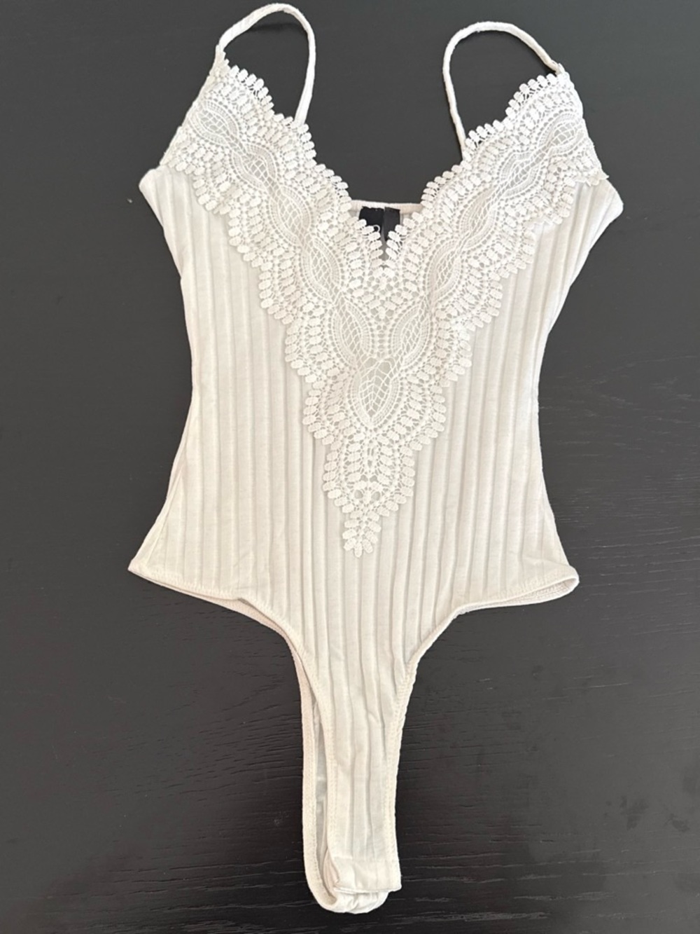 Lace-Trim Ribbed Bodysuit in Cream